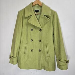 Lands End Wool Blend Pea Coat Women Size 10 Lime Green Quiet Luxury Brat Classic